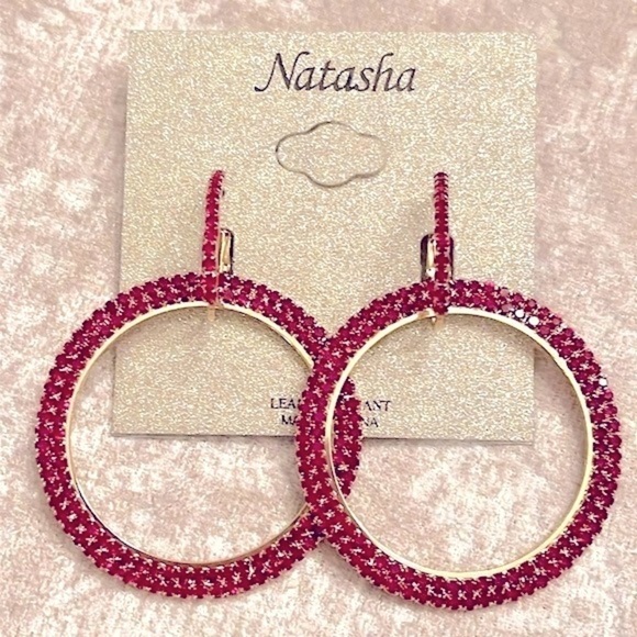 Brand New Natasha Round Red Rhinestone Sparkly Drop Earrings Valentine’s Day - Picture 4 of 16
